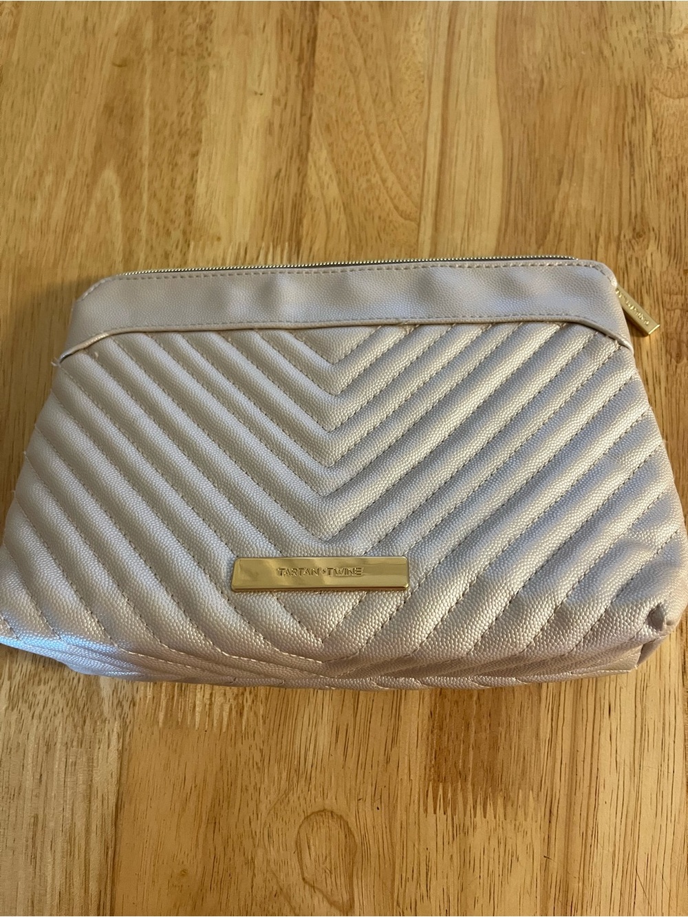 Tartan + Twine Champagne Quilted Cosmetic Makeup Bag Gold Tone Zip